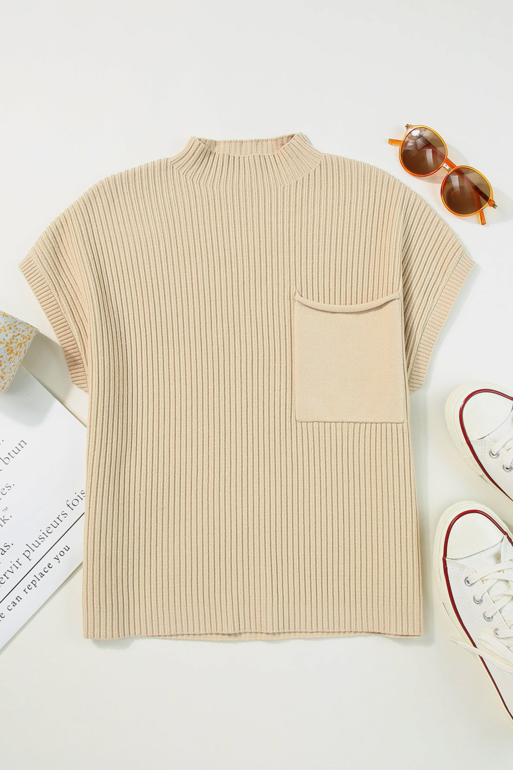 Black Patch Pocket Ribbed Knit Short Sleeve Sweater eAura