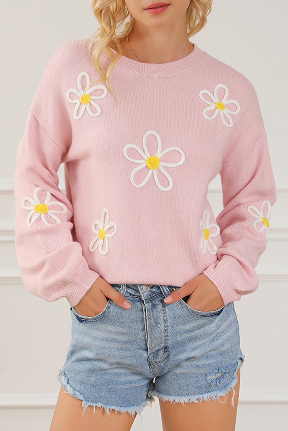 Pink Chenille Daisy Stitching Crew Neck Sweater eAura