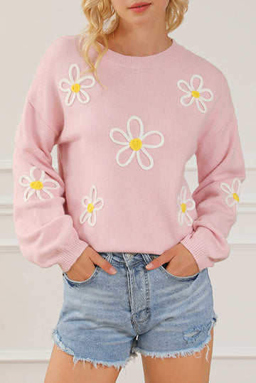 Pink Chenille Daisy Stitching Crew Neck Sweater eAura