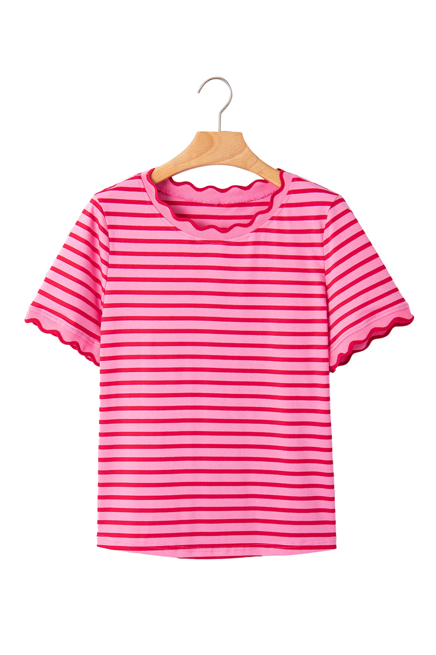 Stripe Scalloped Trim Round Neck T-Shirt