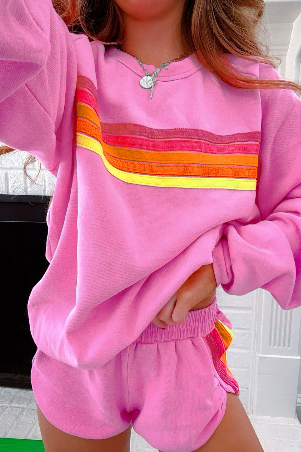 Bonbon Striped Accent Pullover and Shorts Two Piece Casual Set eAura