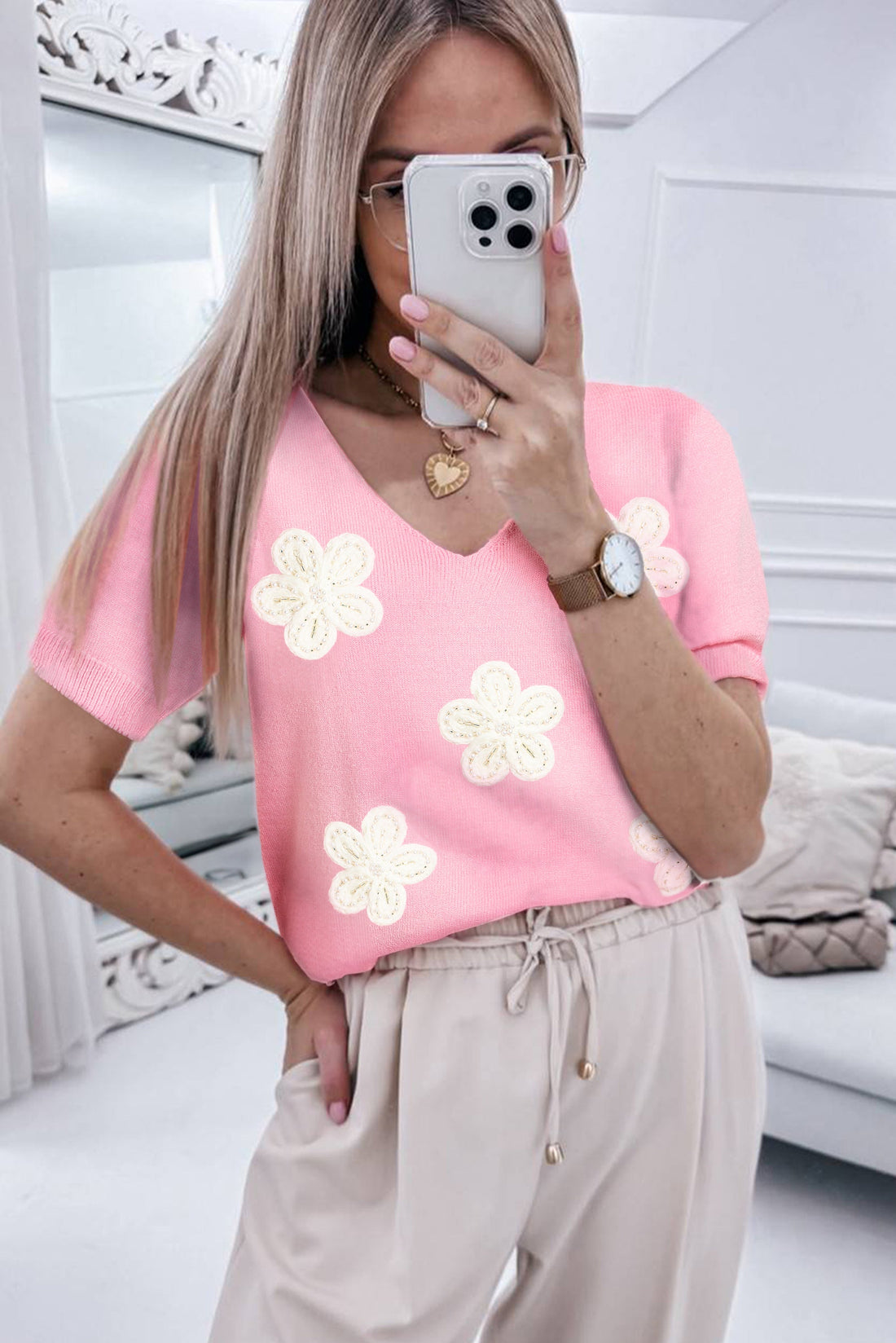 Pink Flower Crochet V Neck Short Sleeve Sweater eAura
