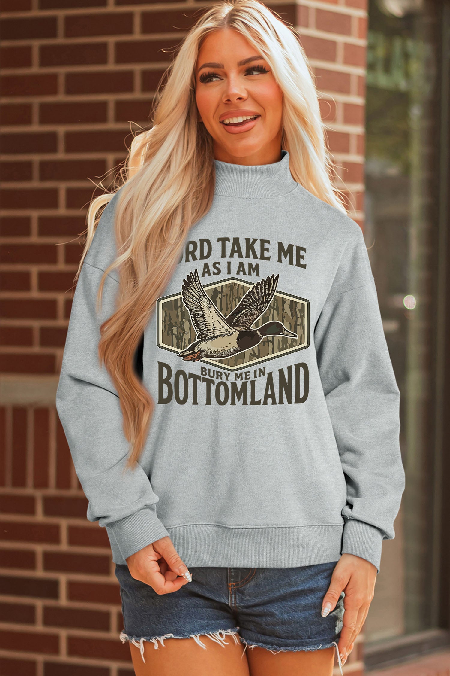 Exposed Seam Mock Neck Western Print Duck Sweatshirt – Gray