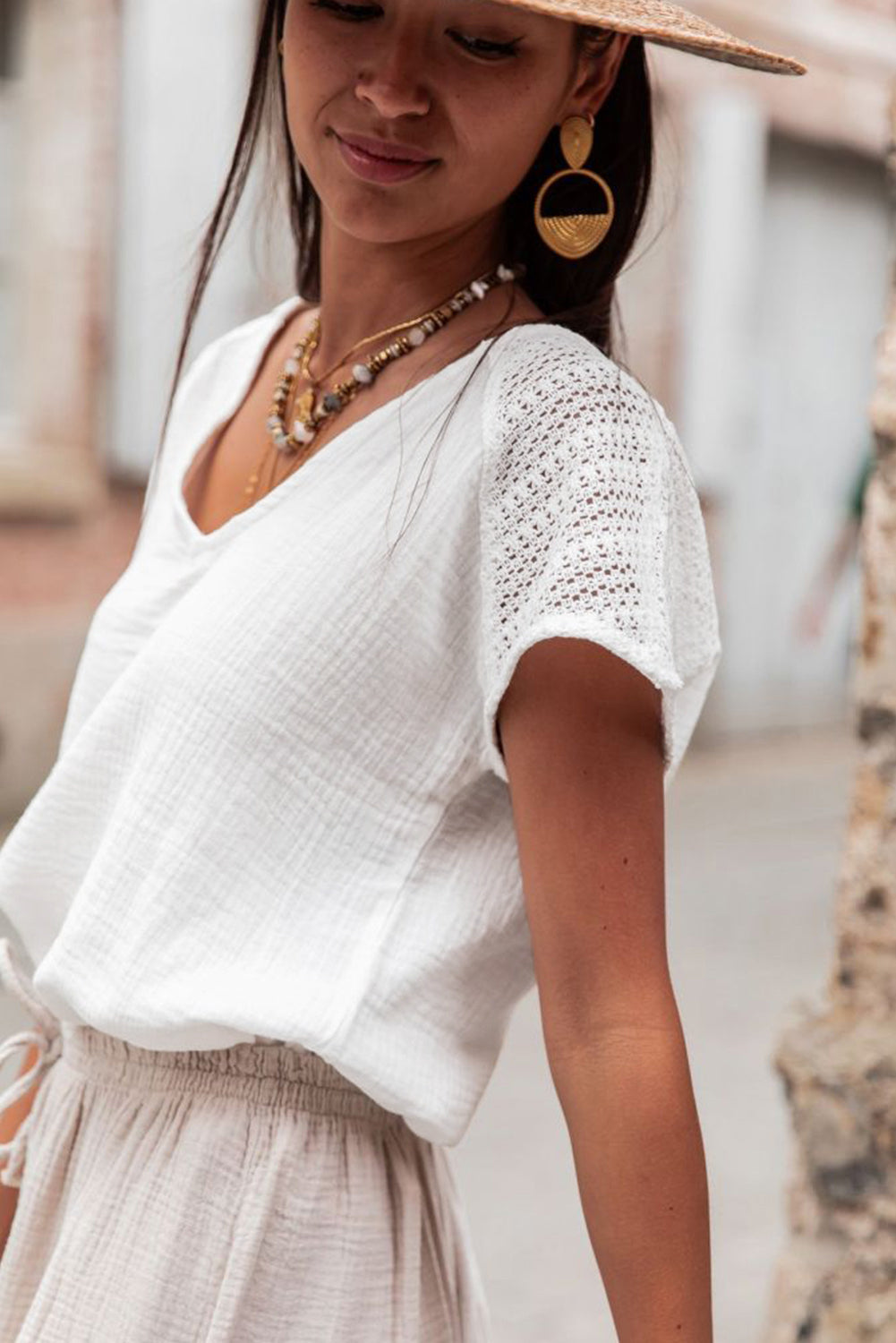 White Lace Crochet Textured Button Back V Neck T Shirt eAura