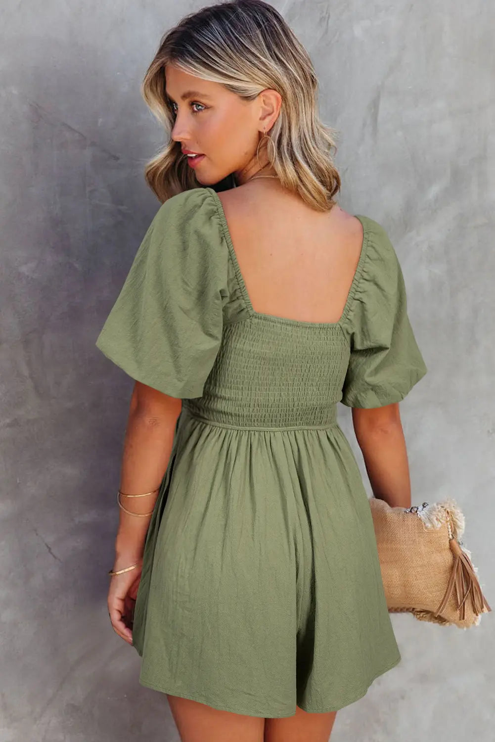 Square Neck Ruched Puff Sleeve Romper