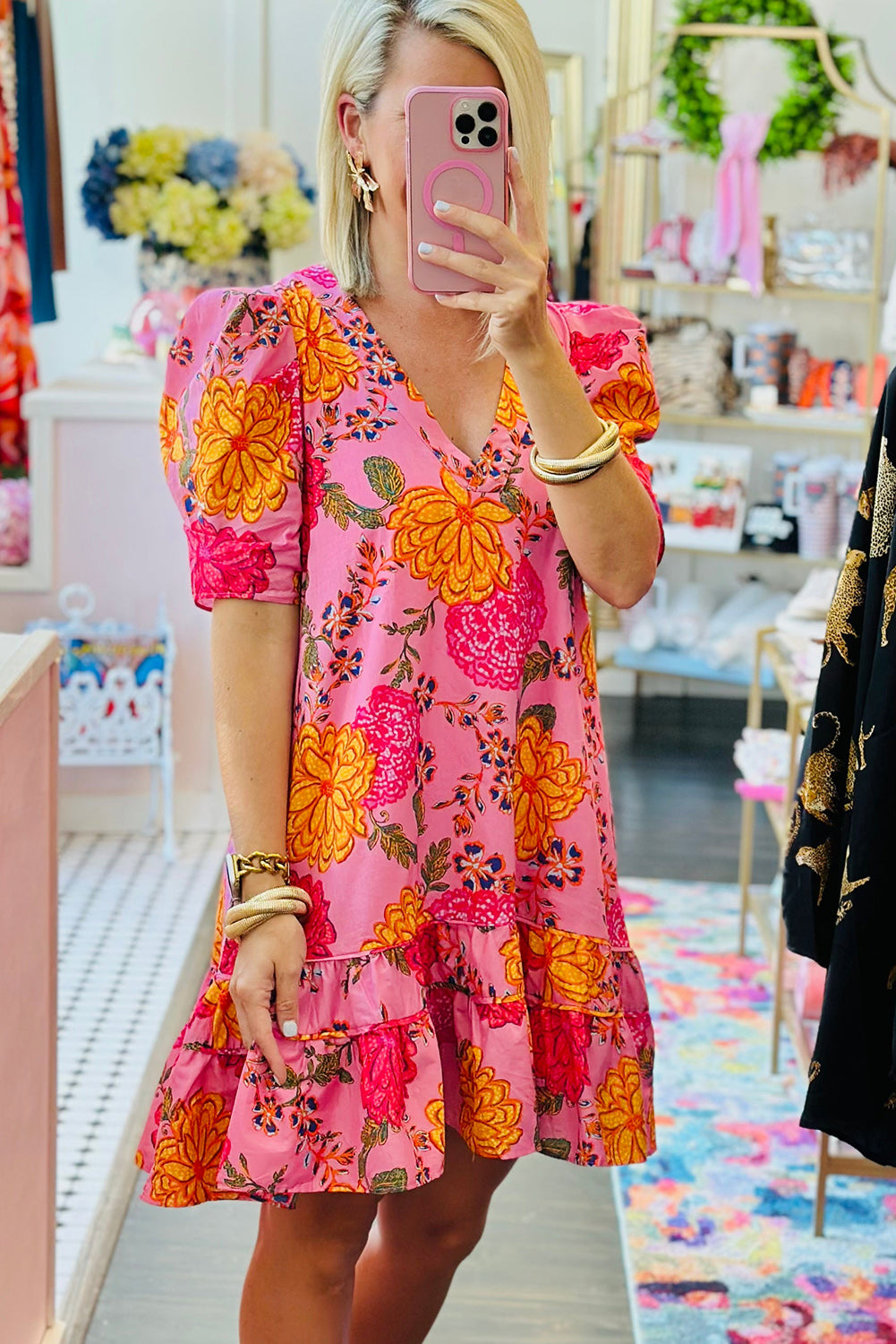 Pink Floral Bubble Sleeve V Neck Ruffled Mini Dress eAura