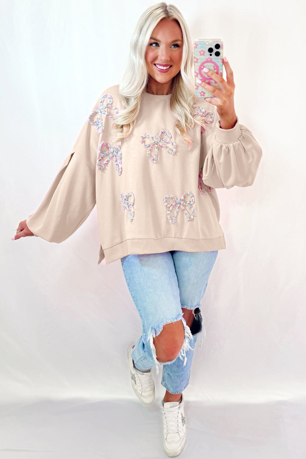 Parchment Embroidered Bow Lantern Sleeve Oversized Pullover Sweatshirt eAura