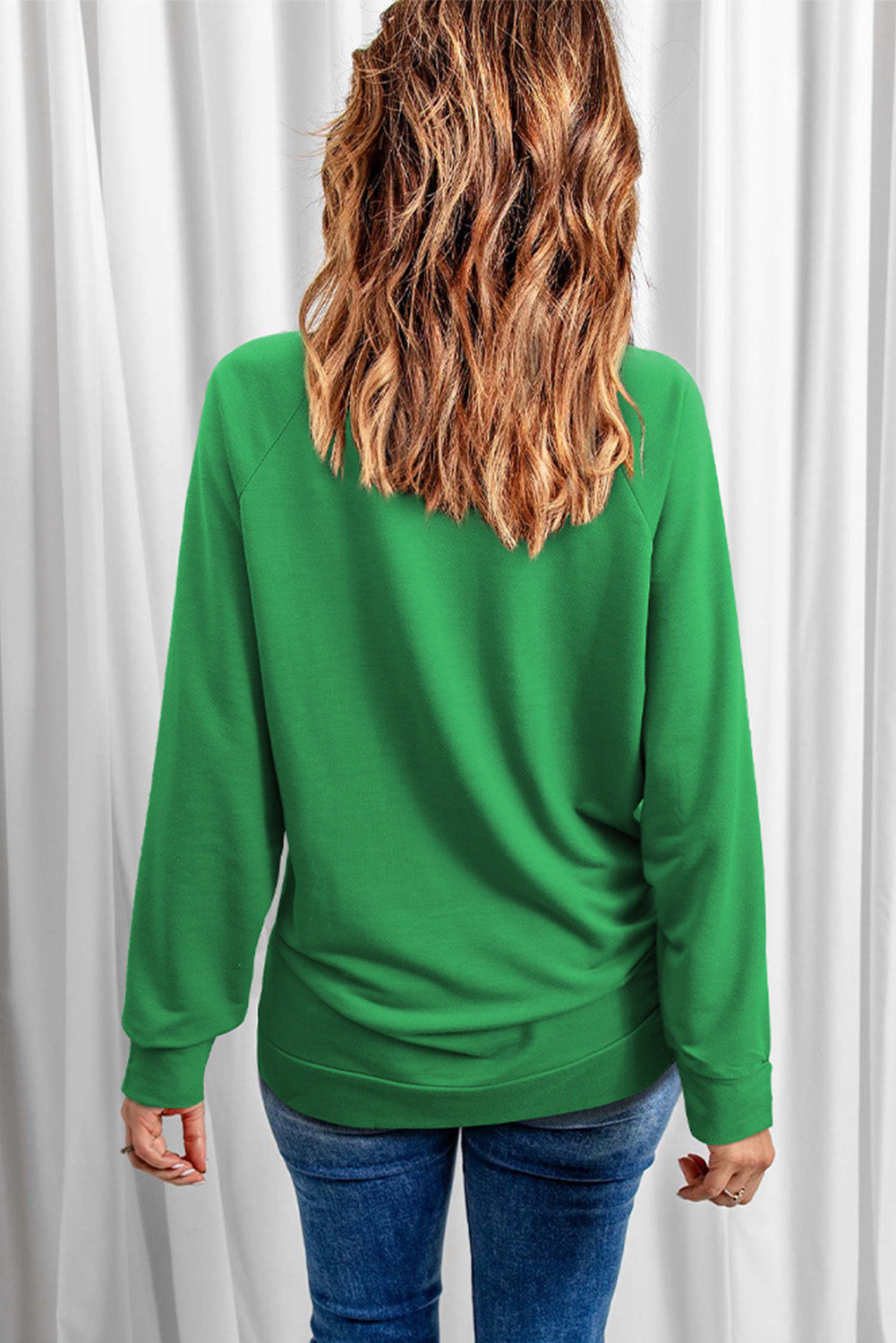 Green Solid Round Neck Raglan Sleeve Sweatshirt eAura