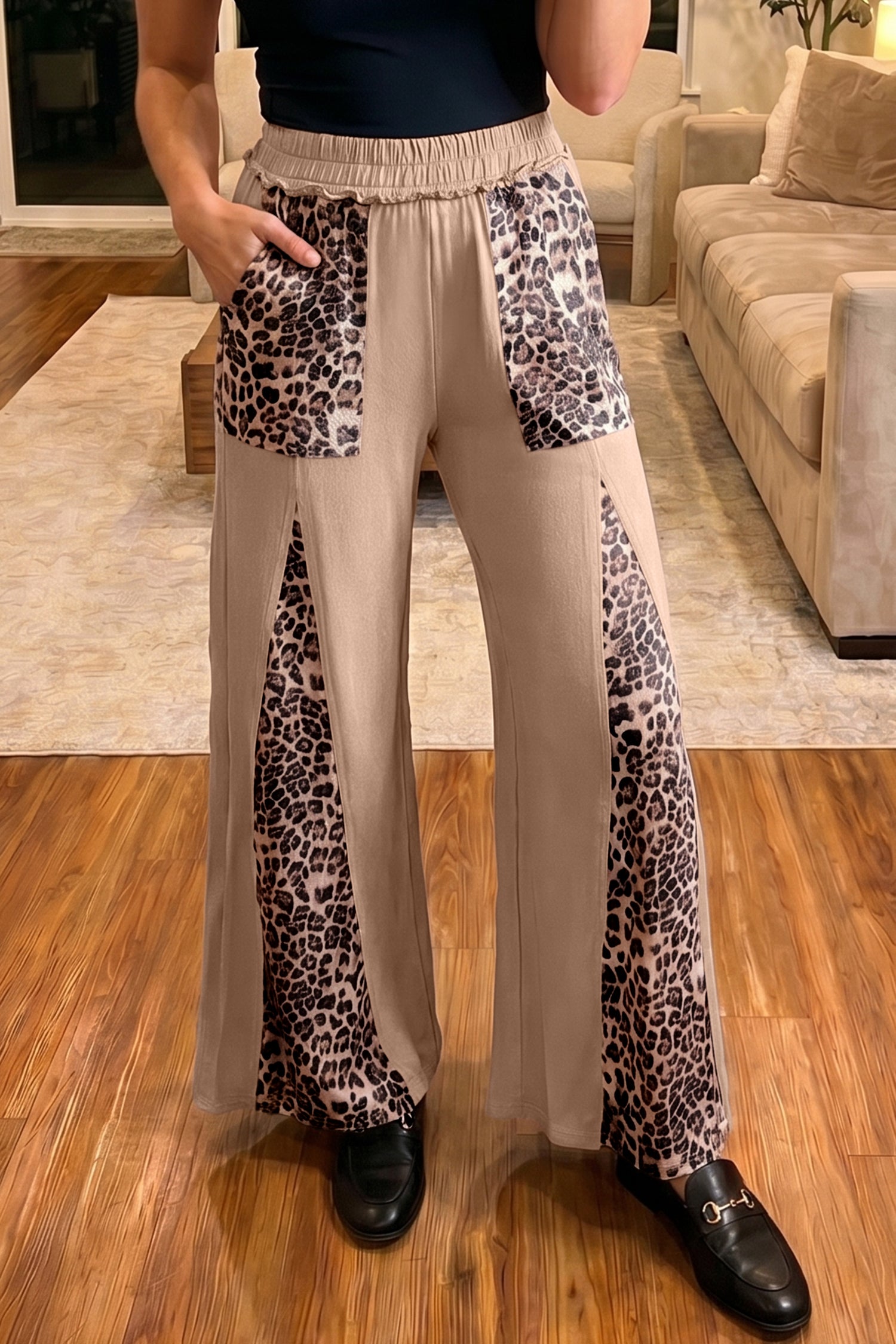 Mineral Wash Leopard Patchwork Wide Leg Trousers