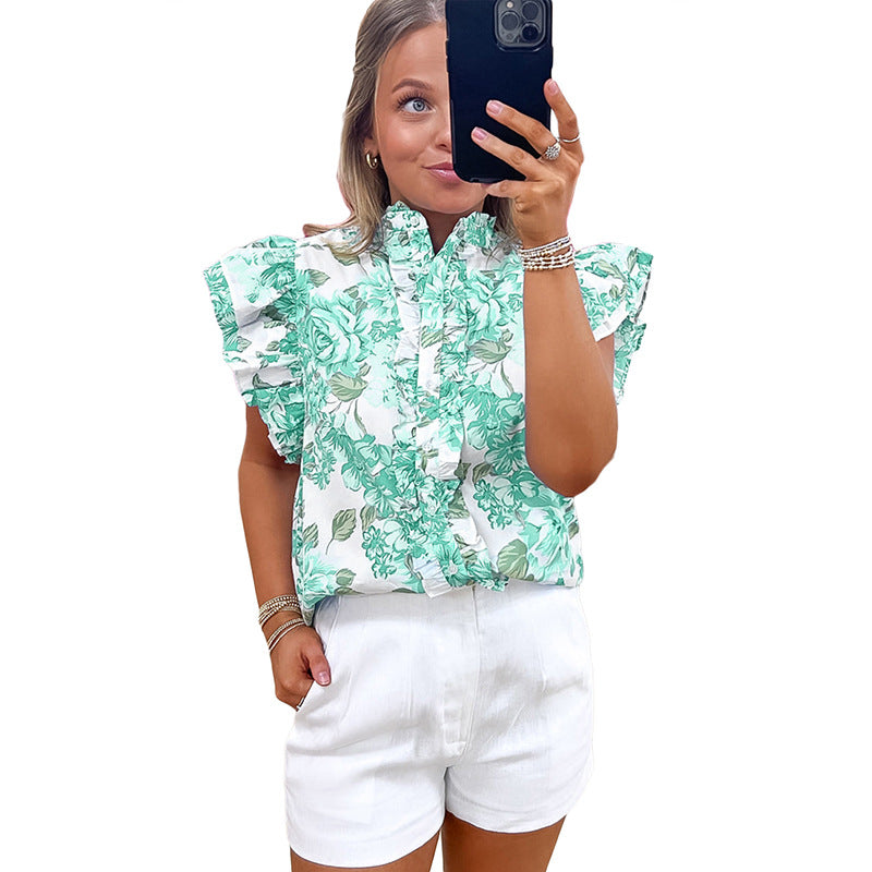 Short Sleeve Blouse Floral Print Cap Sleeves eprolo