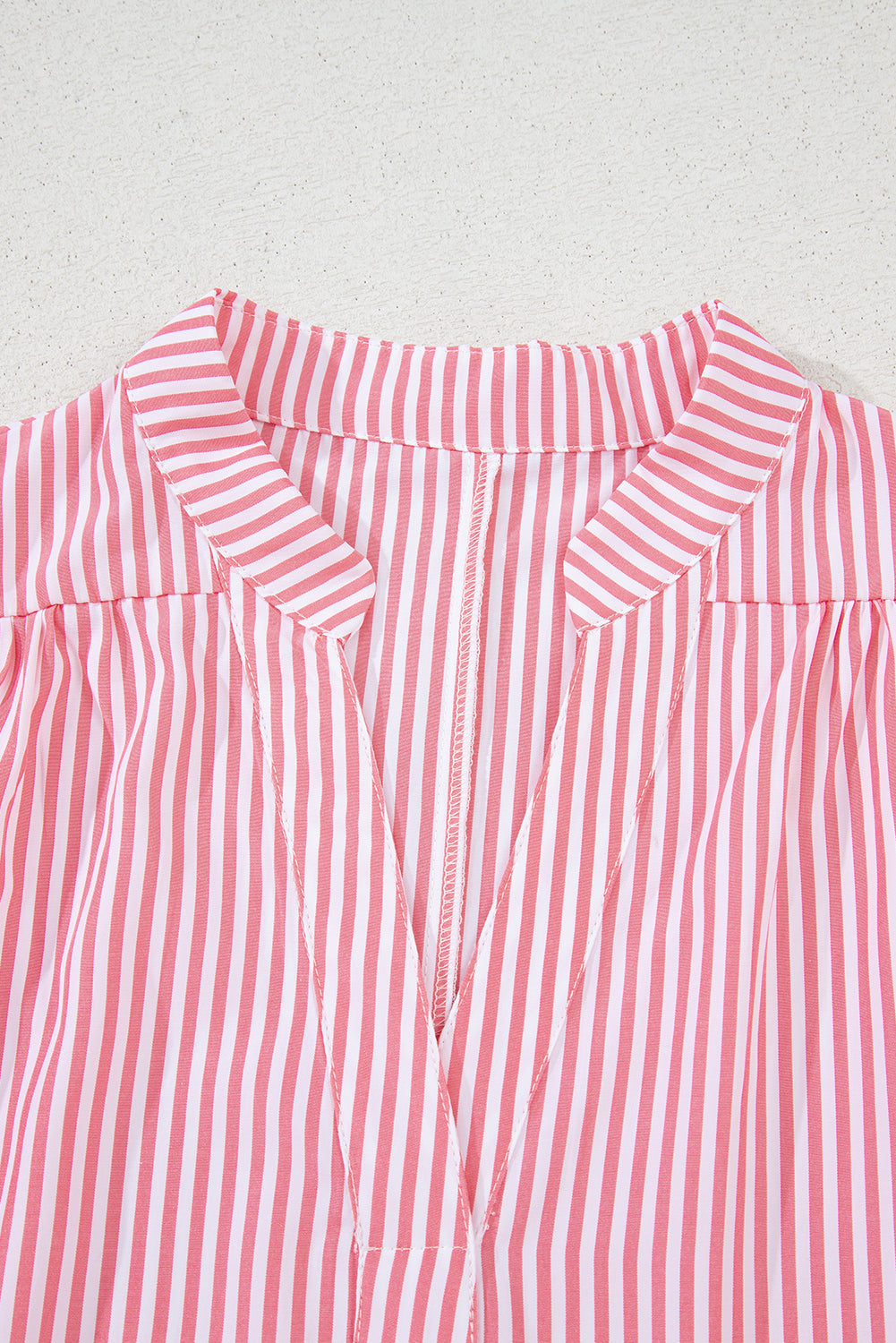 Pink Stripe Notched Neck Frilled Short Puff Sleeve Blouse eAura
