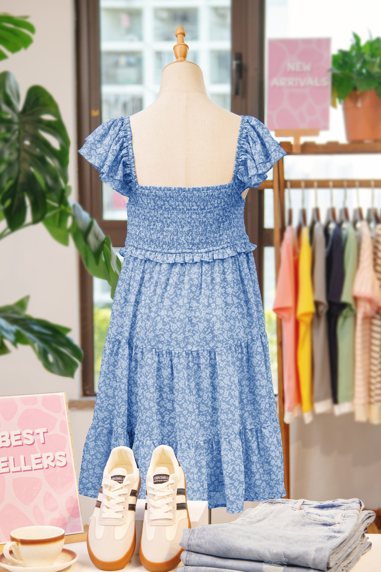 Floral Print Square Neck Flutter Sleeve Smocked Tiered Mini Dress
