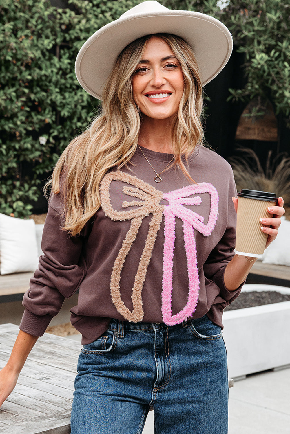 Contrast Terry Bow Pattern Drop Shoulder Sweatshirt - eAura