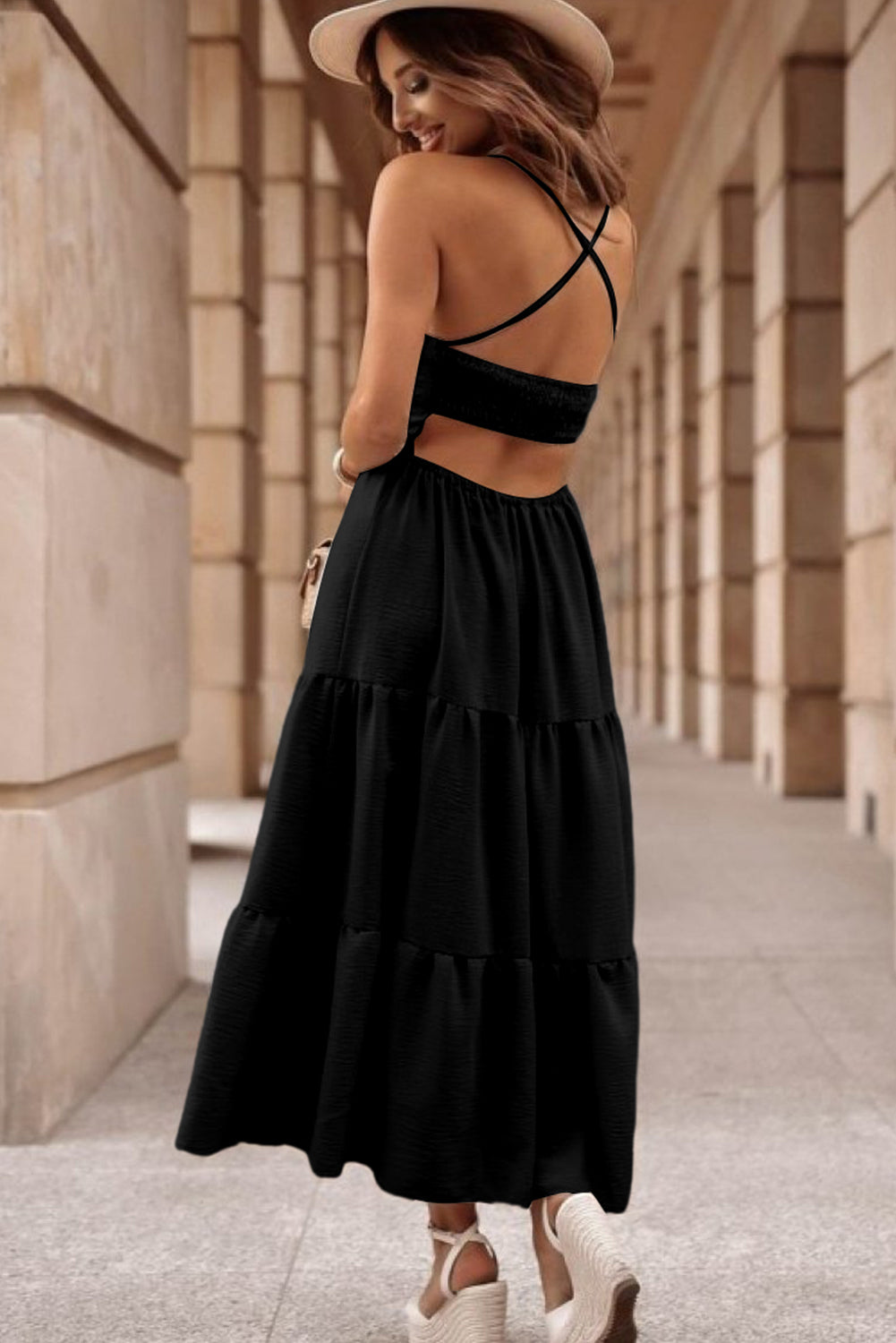 Black Crossover Backless Bodice Tiered Maxi Dress eAura