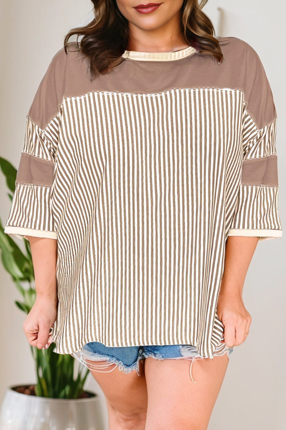 Pink Stripe Patchwork Bracelet Sleeve Plus Size T Shirt BB Fashion Outlet