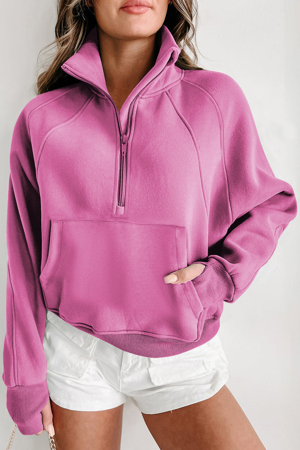 Phalaenopsis Fleece Lined Zip Up Stand Collar Thumbhole Sleeve Sweatshirt eAura