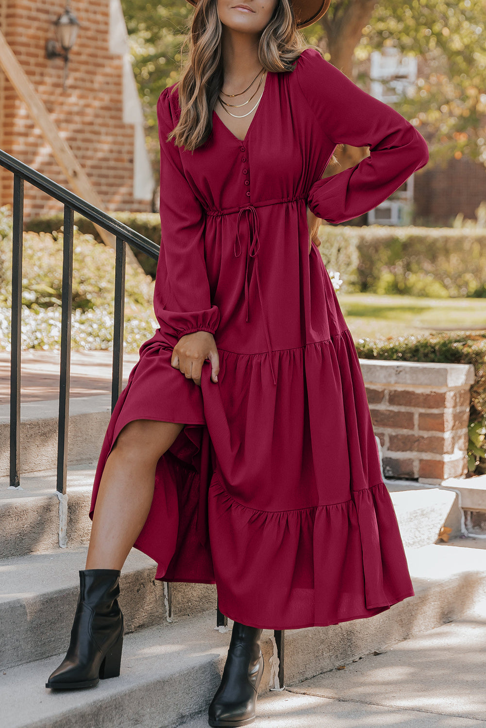 Long Sleeve Button V-Neck Tiered Maxi Dress - eAura