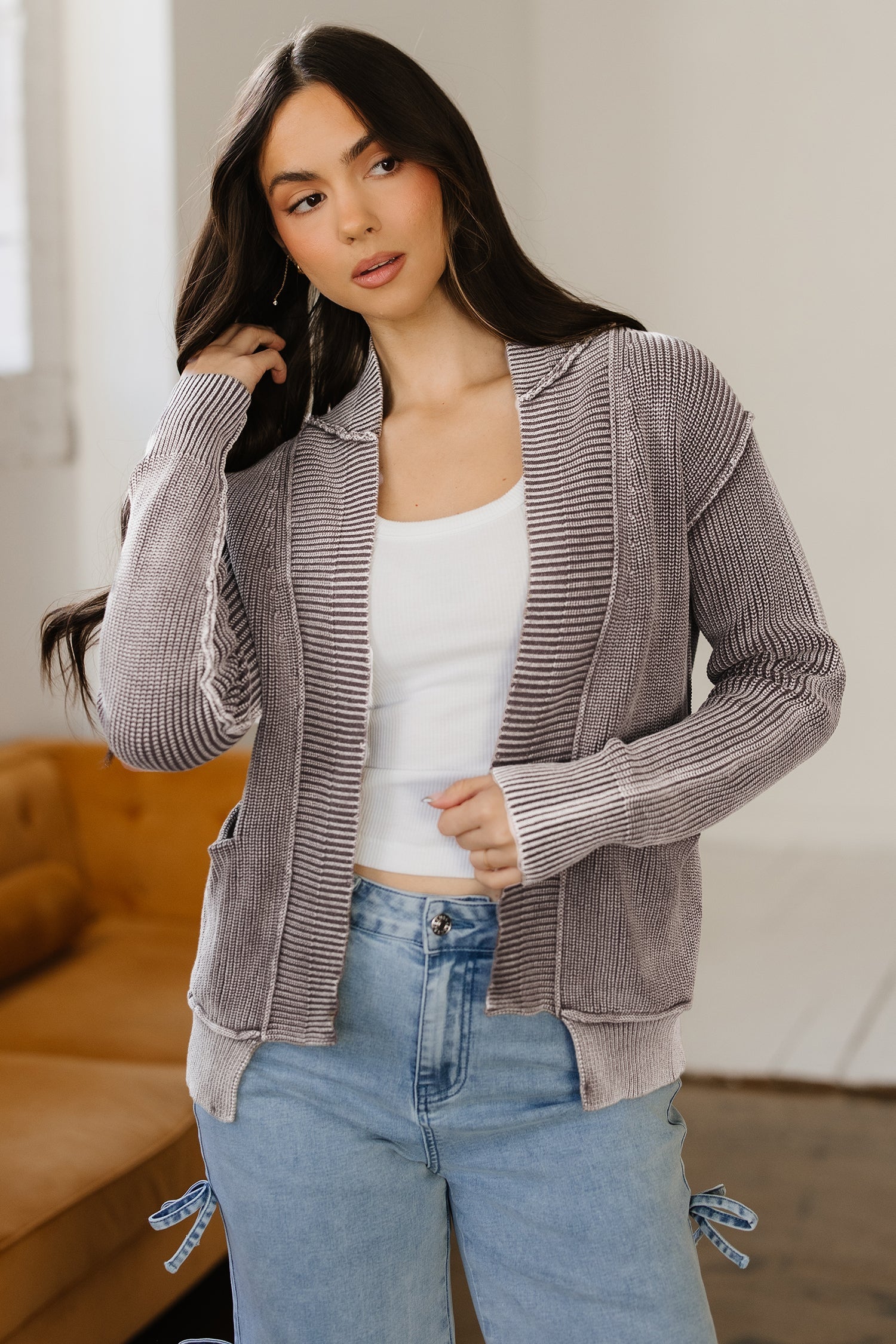 Mineral Wash Exposed Seam Patchwork Knit Open Sweater Cardigan - Sweaters & Cardigans/Cardigans