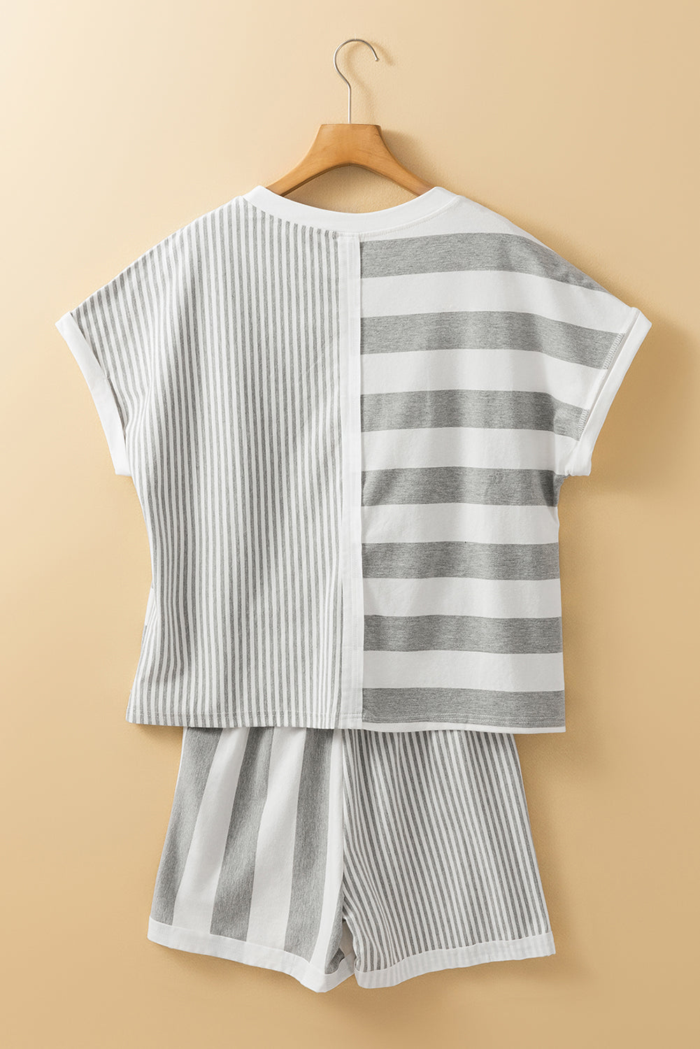 Grey Stripe Mixed Print Short Sleeve Top and Pocketed Shorts Set eAura