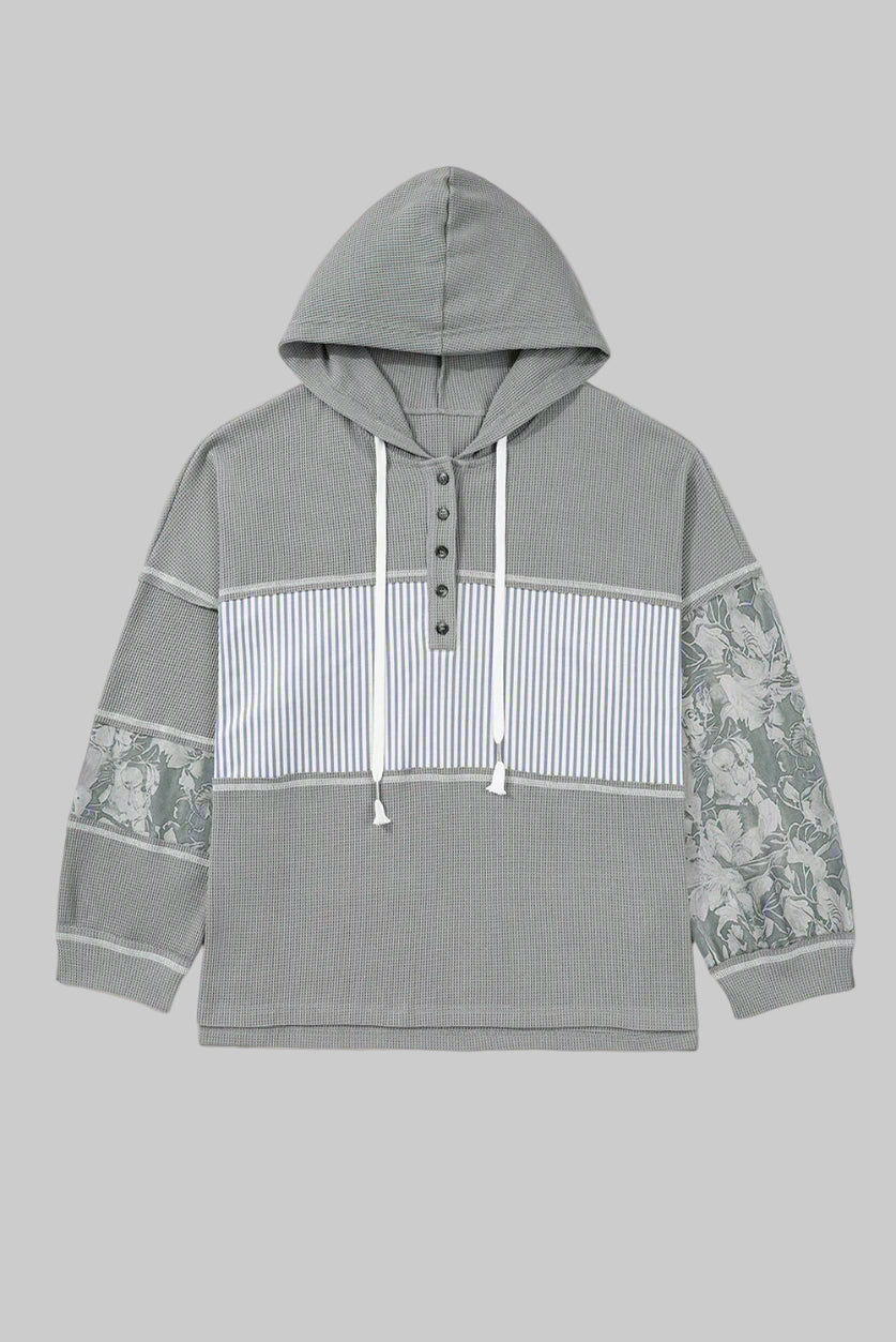 Gray Mixed Pattern Waffle Knit Patchwork Half Buttons Plus Hooded Top Dear-Lover Dropshipping