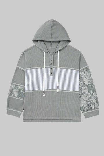 Gray Mixed Pattern Waffle Knit Patchwork Half Buttons Plus Hooded Top Dear-Lover Dropshipping
