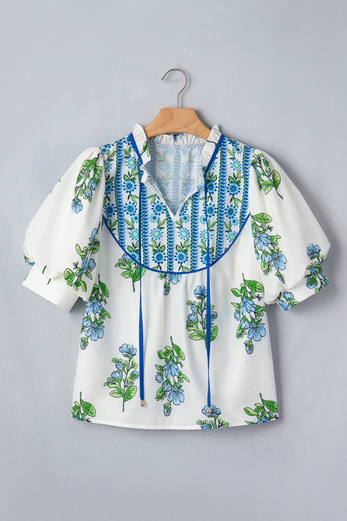 Floral Print Contrast Trim Tie Neck Blouse – White