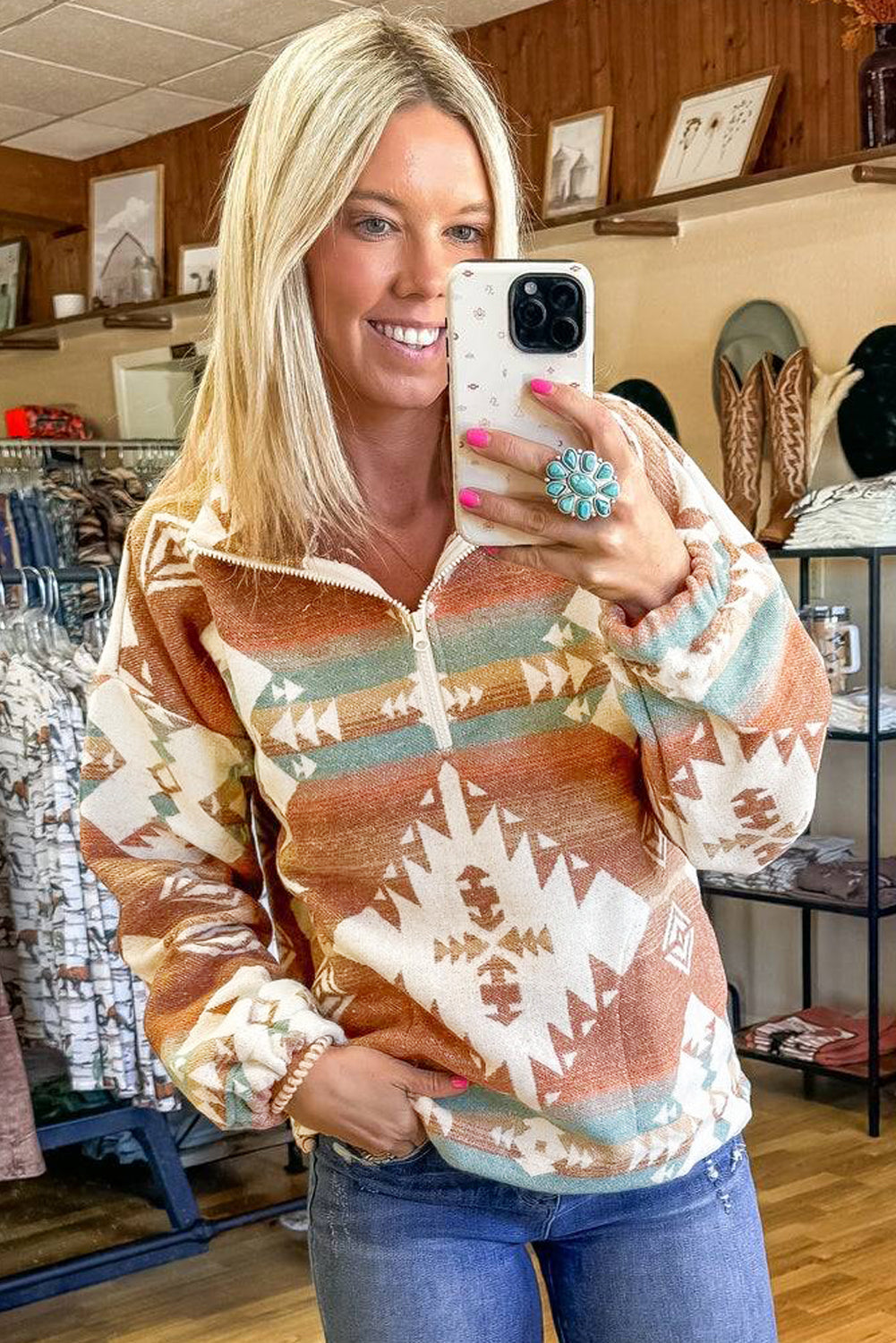 Quarter Zip Elastic Cuffs Aztec Sweatshirt Dear-Lover Dropshipping