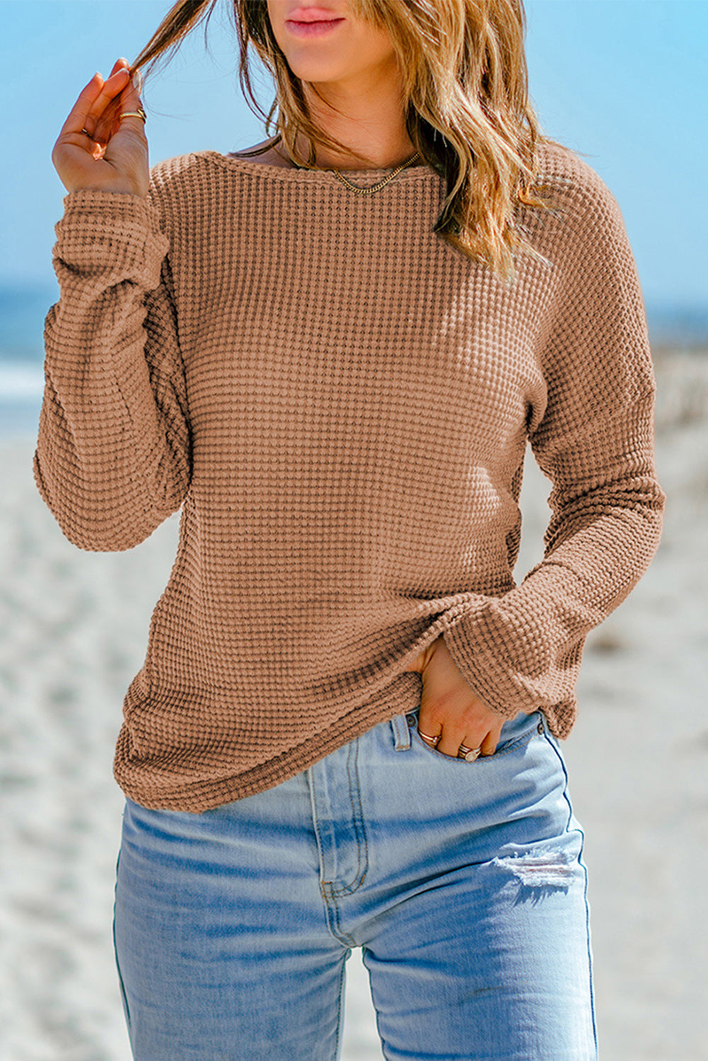 Fiery Red Waffle Knit Drop Shoulder Long Sleeve Top eAura