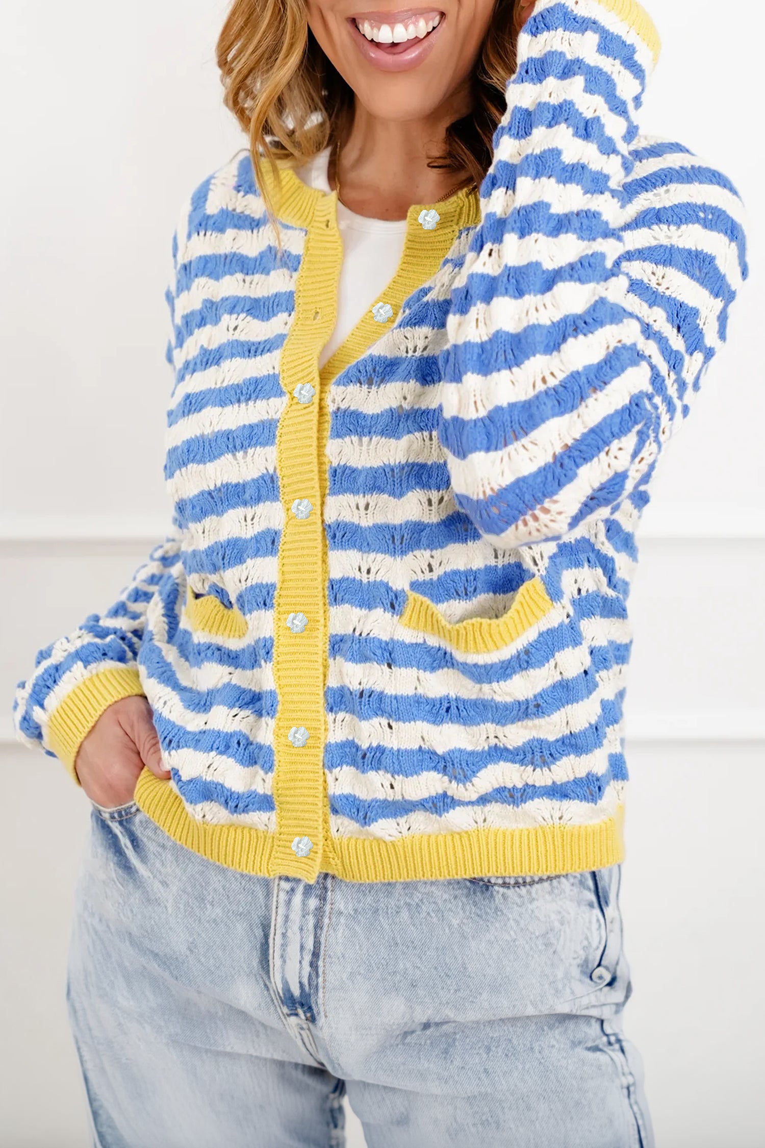 Striped Colorblock Button Front Long Sleeve Loose Fit Knit Cardigan – Sky Blue Stripe