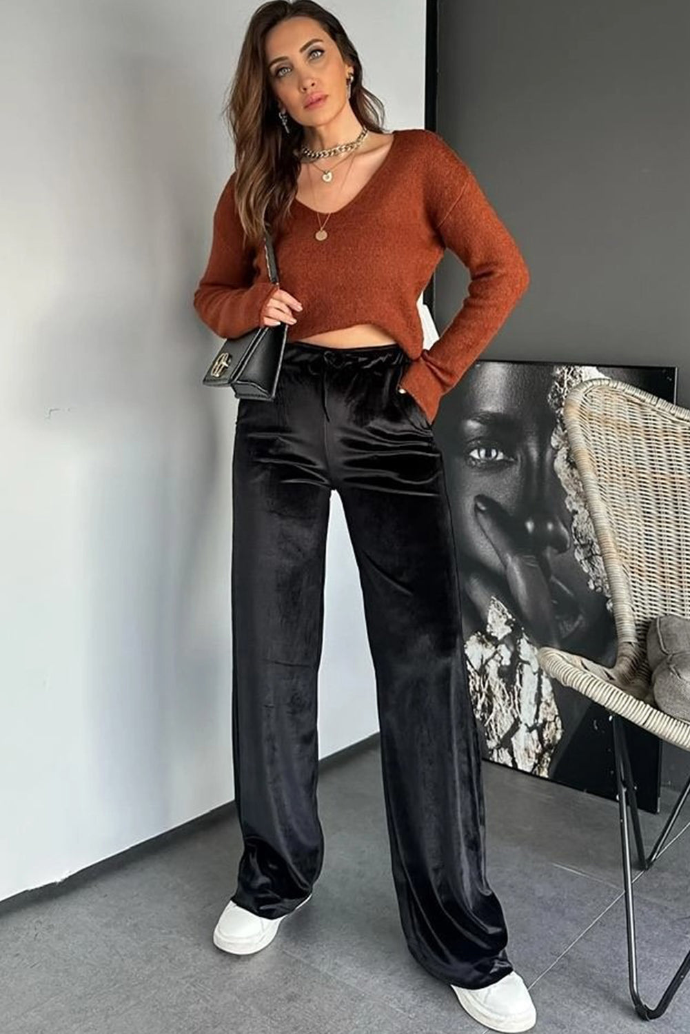 Velvet Drawstring High Waist Straight Leg Casual Trousers - eAura