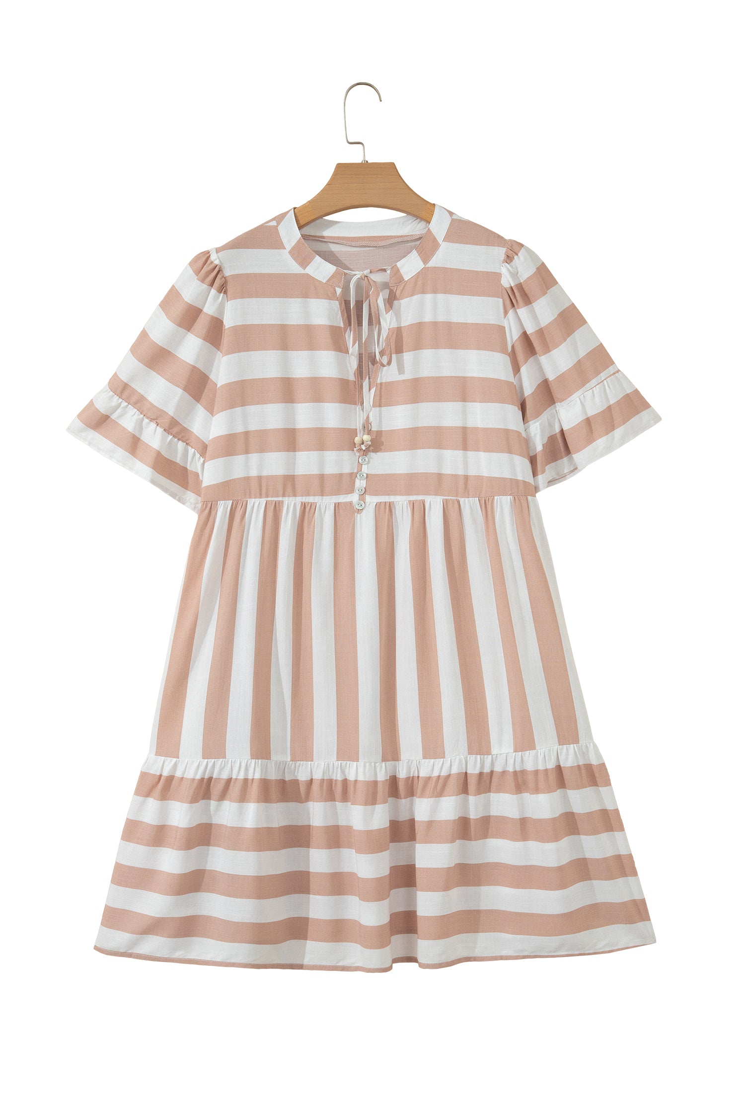 Khaki Stripe V Neck Ruffle Sleeve Flared Summer Dress