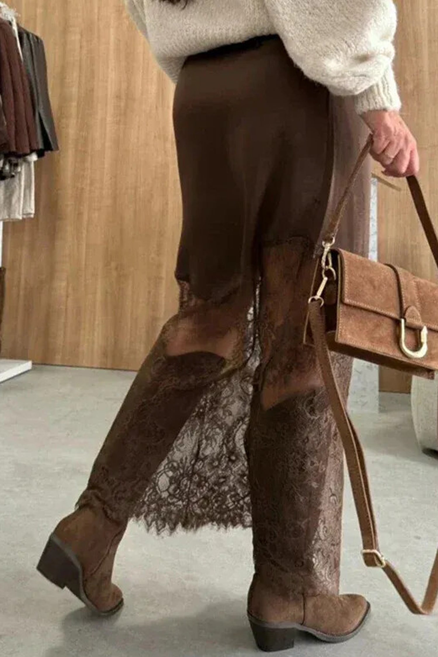 Lace Patchwork Hem Long Casual Shift Skirt – Dark Brown