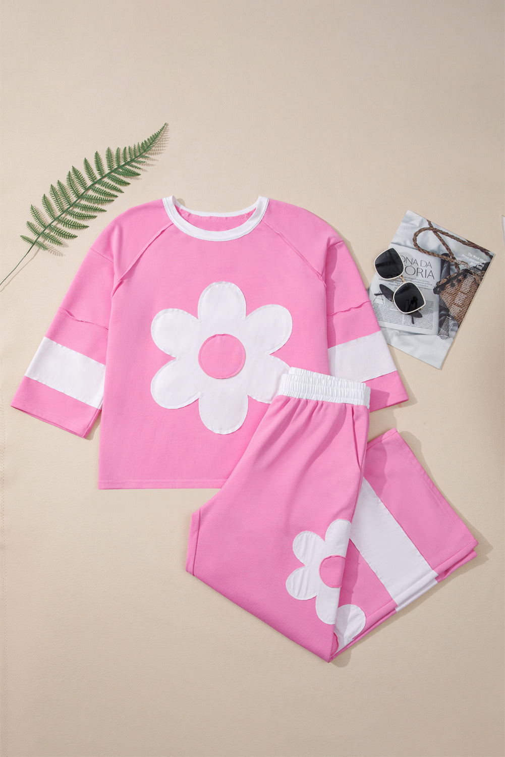 Orchid Bouquet Big Flower Patched Raw Seam Color Block 2 Piece Loose Pant Set Dear-Lover Dropshipping