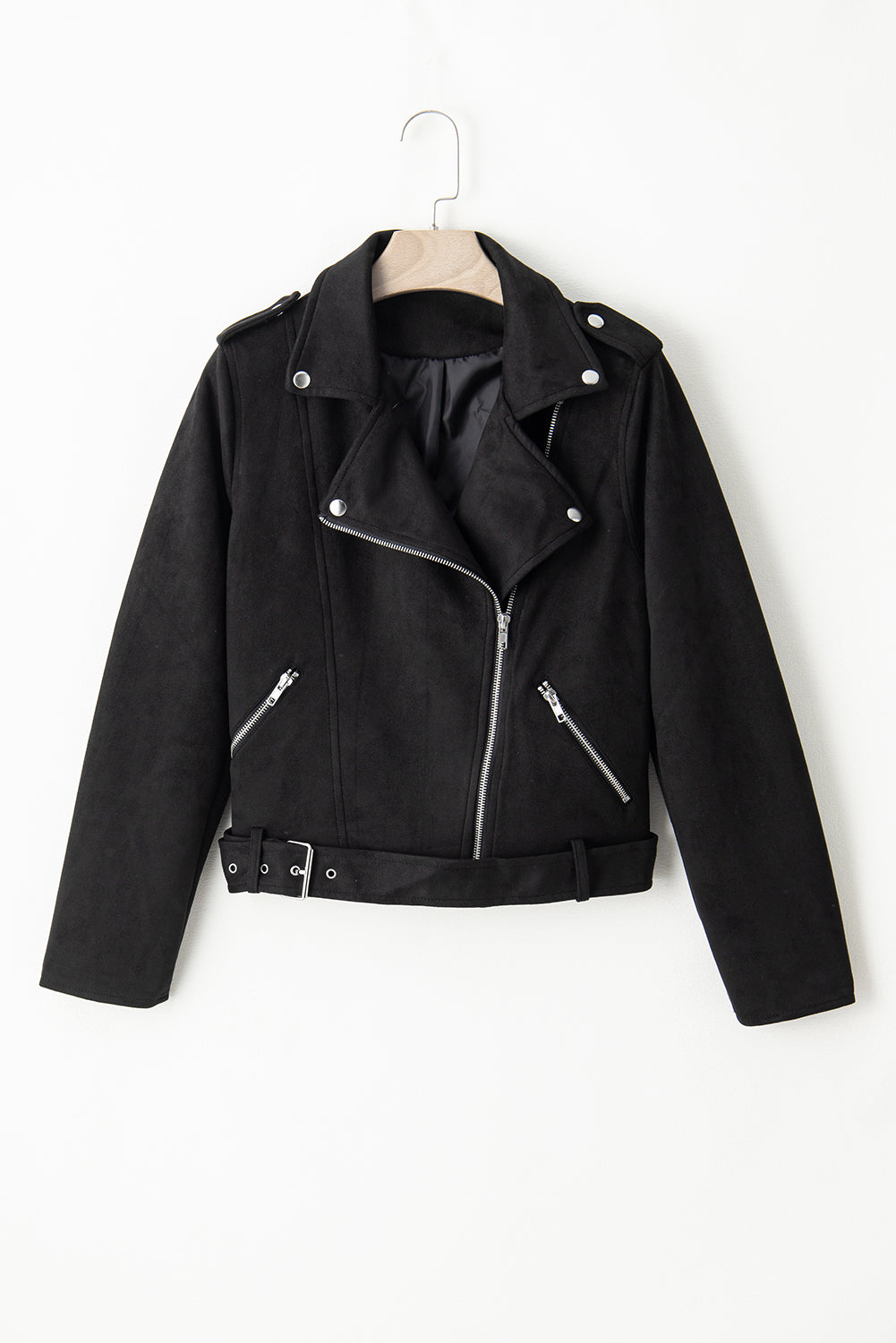 Black Asymmetric Zipper Belted Hem Jacket Beagle Boutique Fashion Outlet