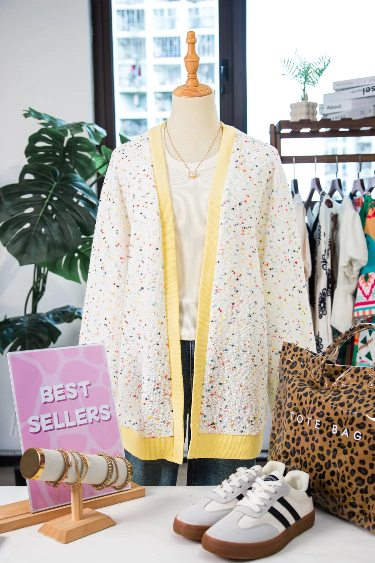 Cardigan Relaxed Oversized Confetti Knit with Contrast Ribbed Cuffs
