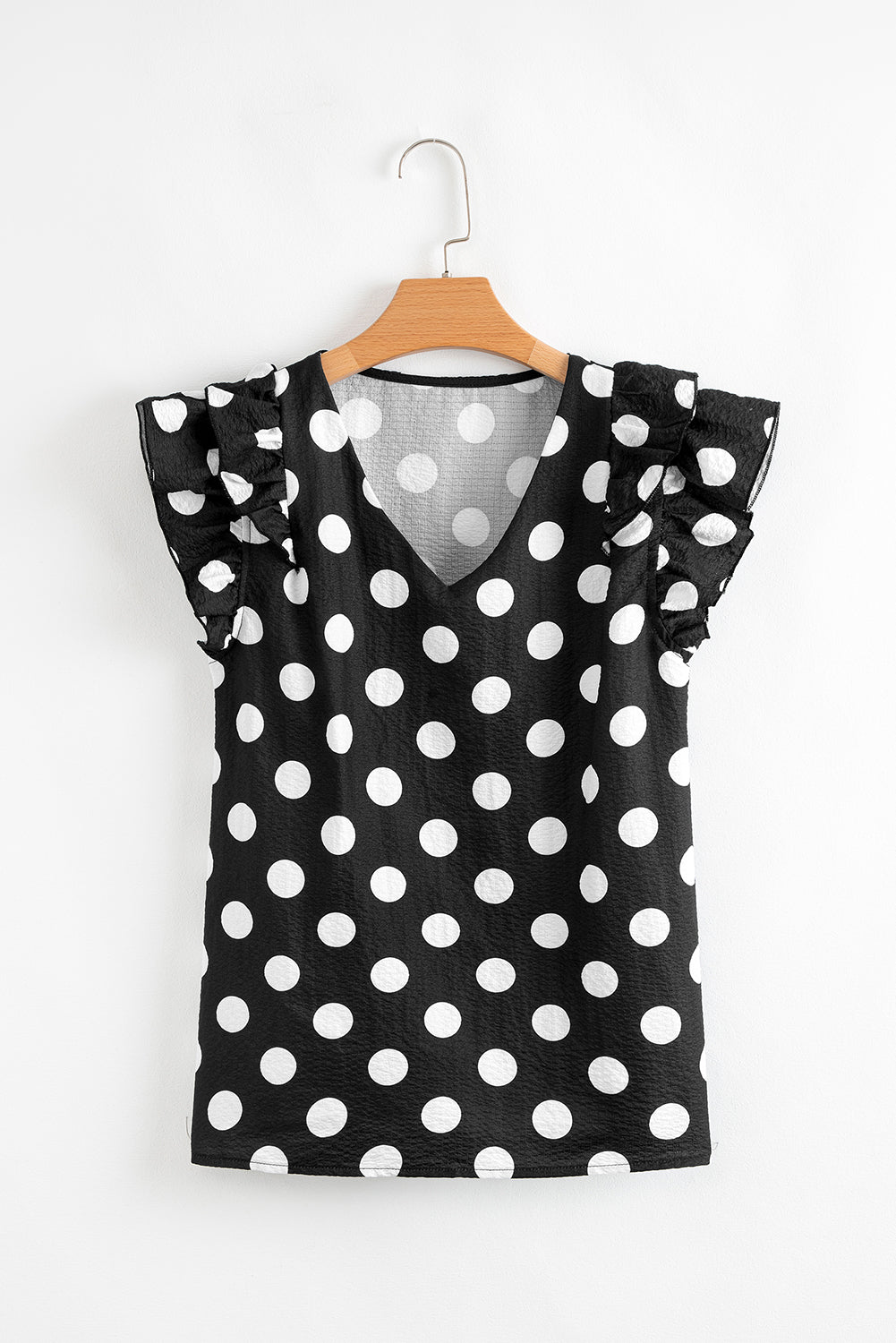 Black Polka Dot Print Ruffled Sleeve V Neck Blouse eAura