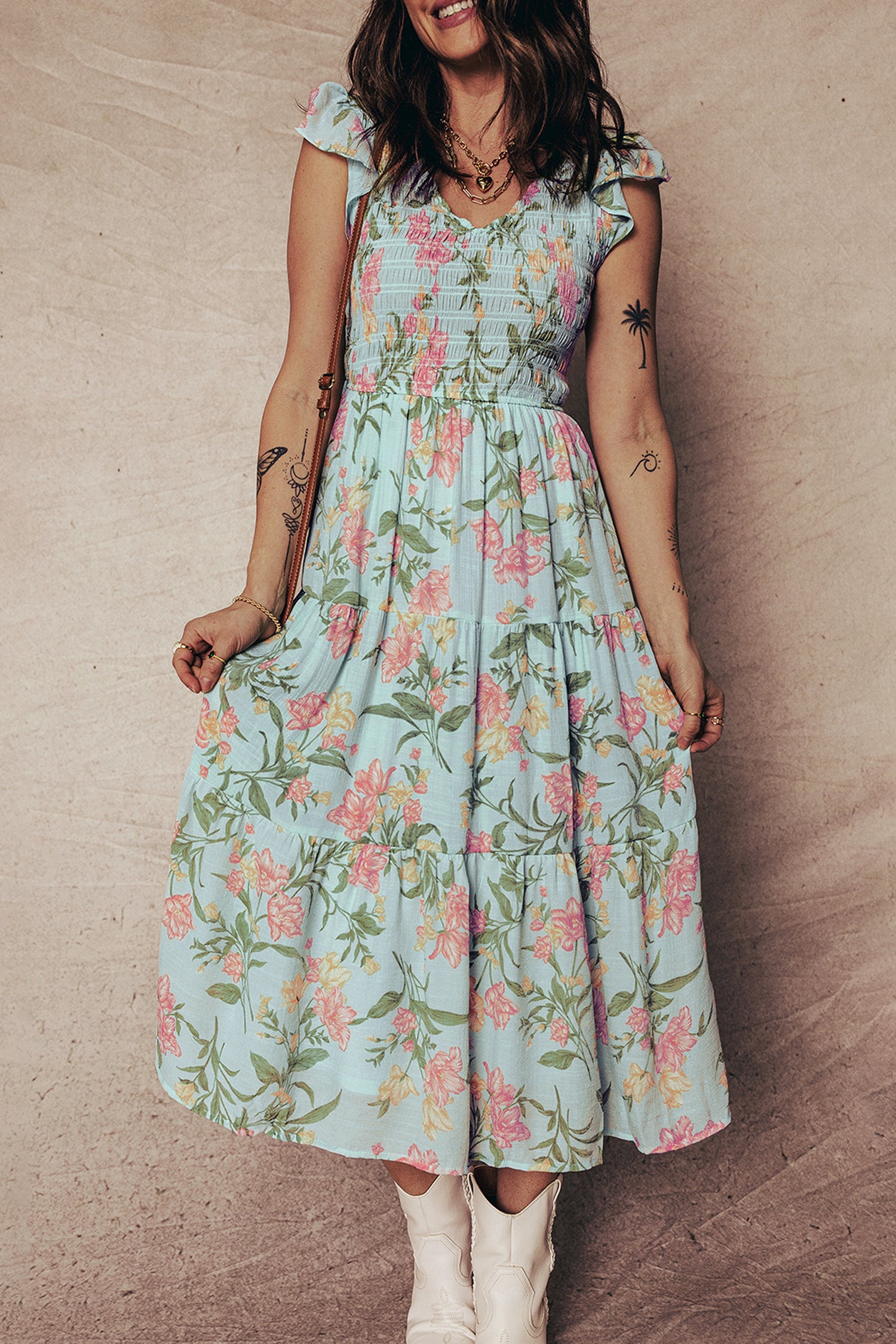 Smocked Shirred Bodice Ruffled Sleeveless Tiered Floral Maxi Dress
