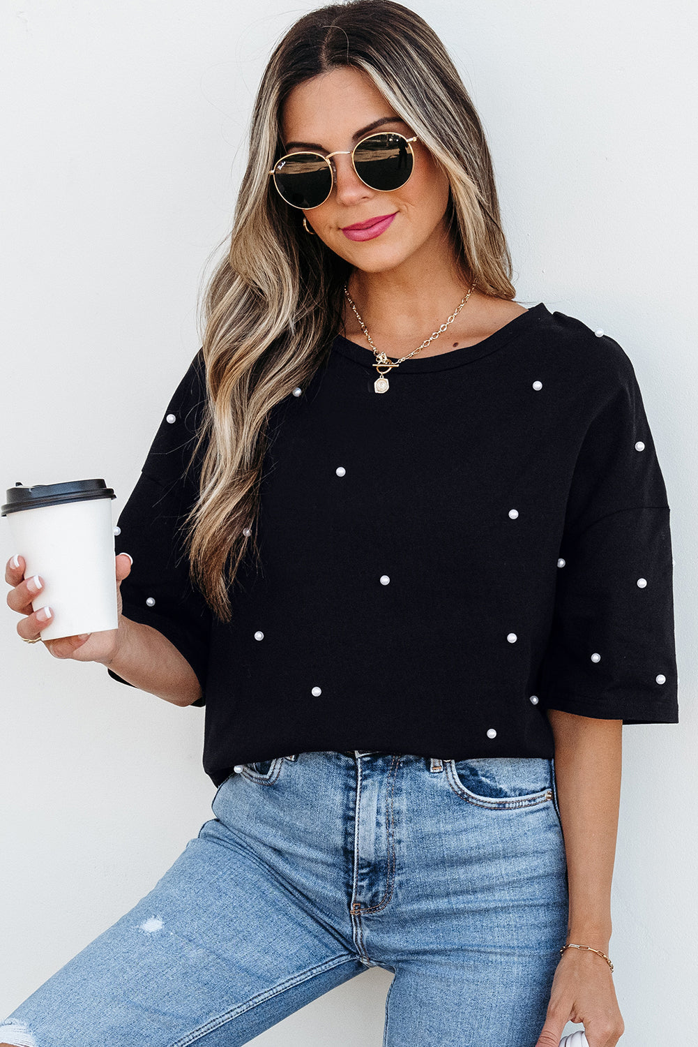 Black Pearl Beaded Drop Shoulder Crewneck T Shirt eAura