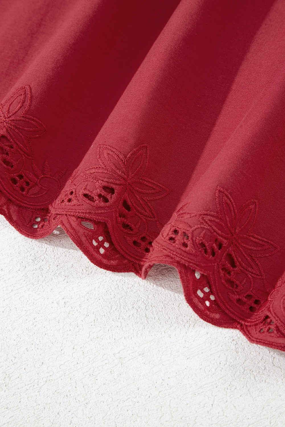 Red Dahlia Floral Embroidered Scallop Trim Short Sleeve V Neck Blouse eAura