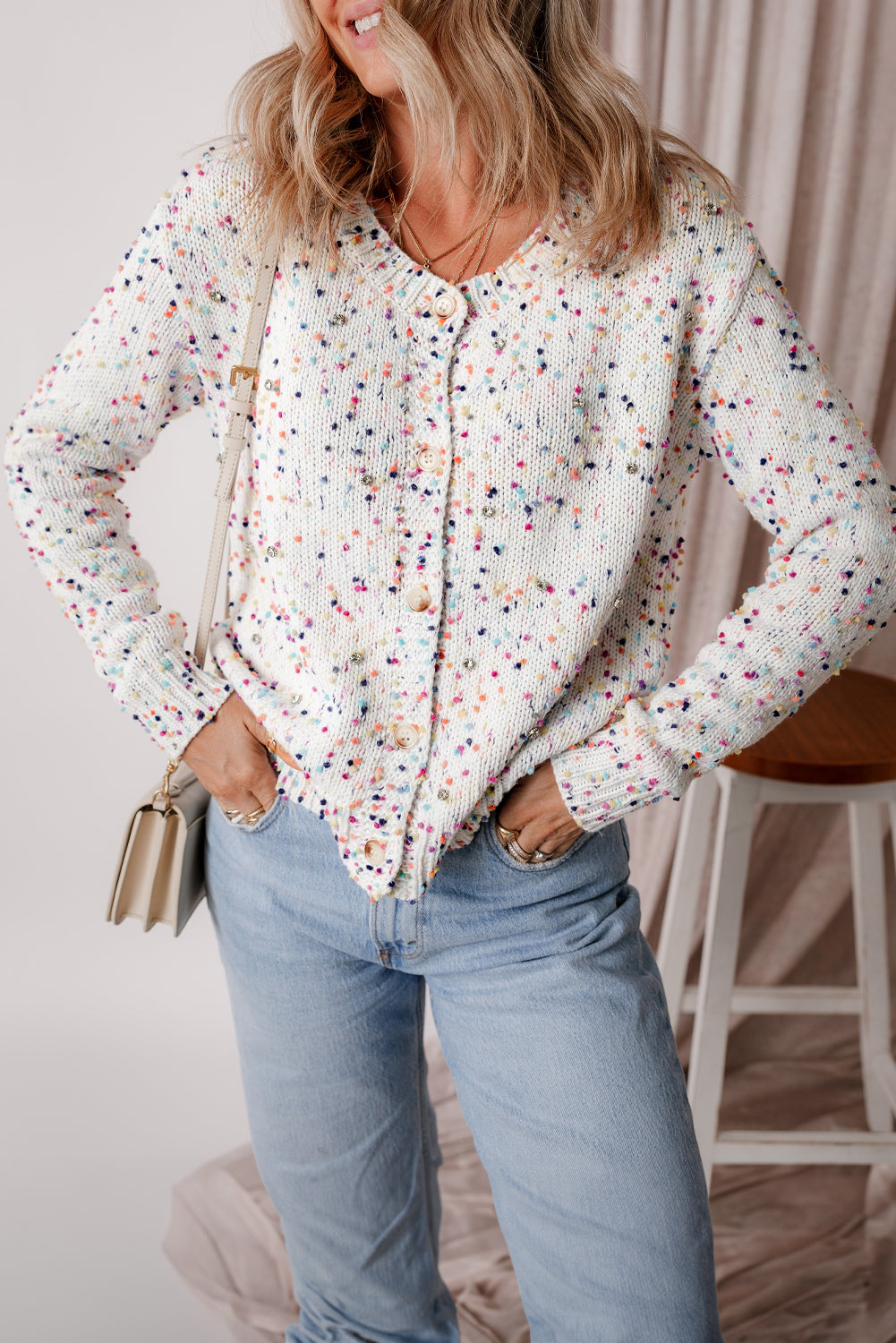 Black Rhinestone Decor MultiColour Confetti Sweater Cardigan eAura