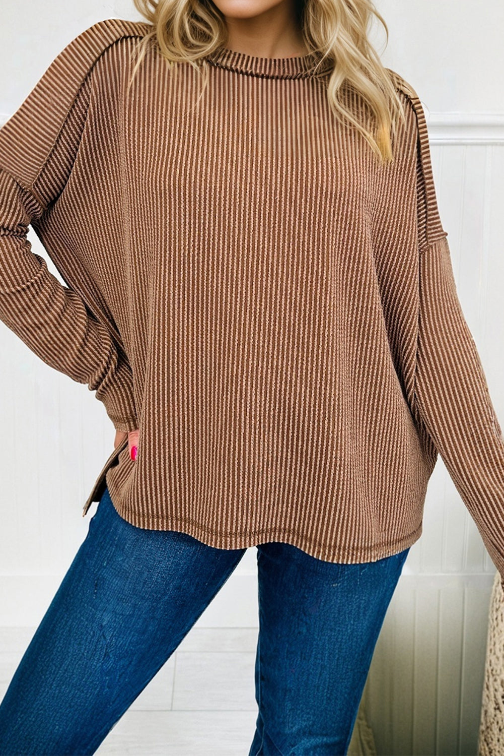 Twist Ribbed Exposed Seam Detail Long Sleeve Loose Top - Tops/Long Tops