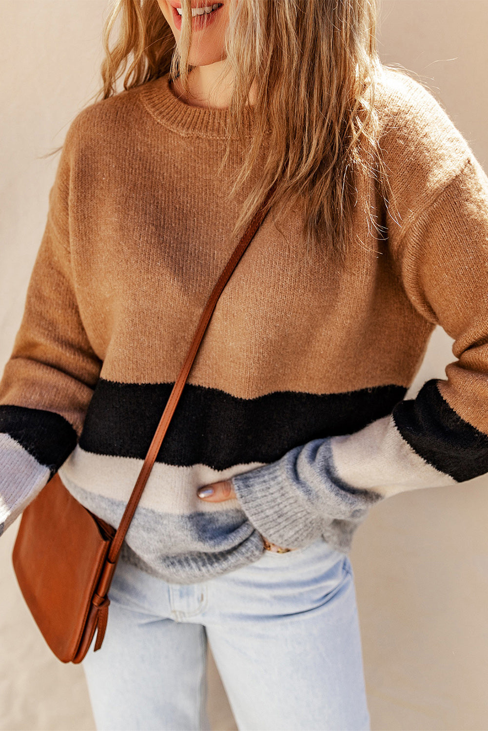Brown Colour Block Striped Ribbed Knit Sweater eAura