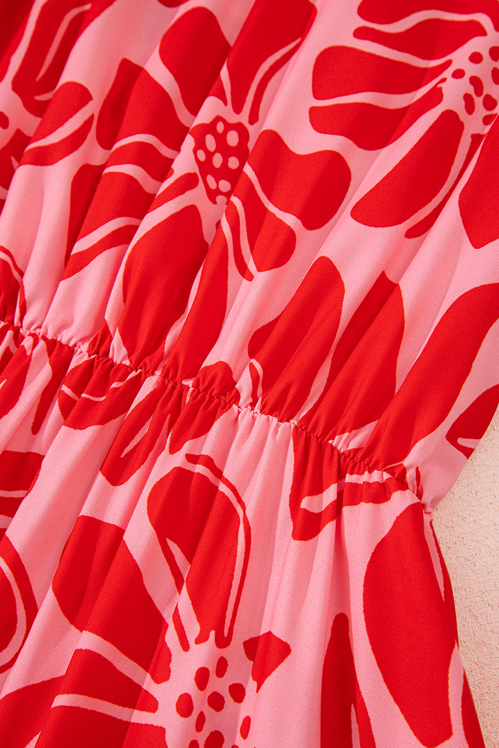 Floral Short Sleeve V-Neck Buttoned Shirred Waist Long Dress - eAura