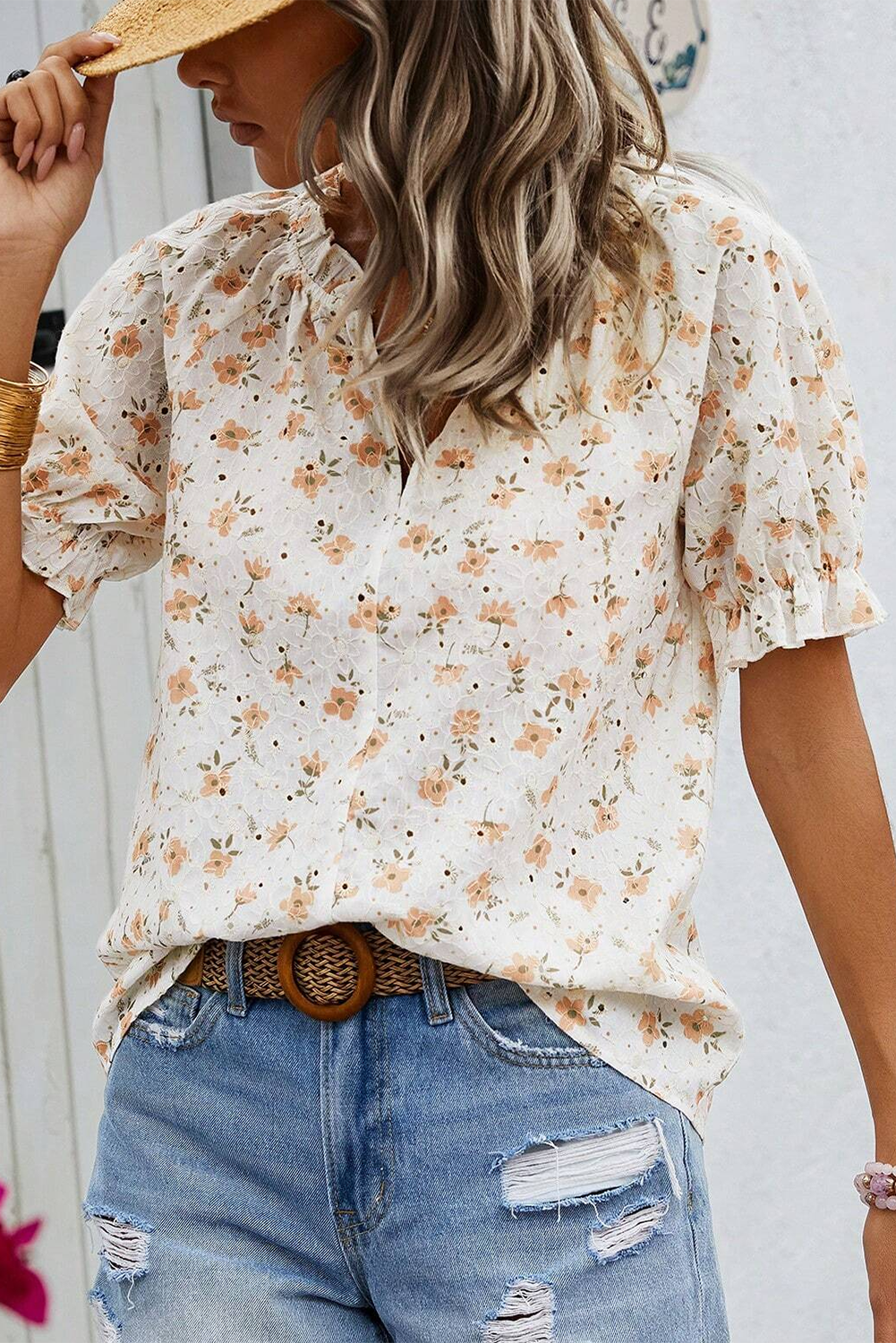 White Floral Eyelet Embroidered Puff Sleeve Notch V Neck Blouse eAura
