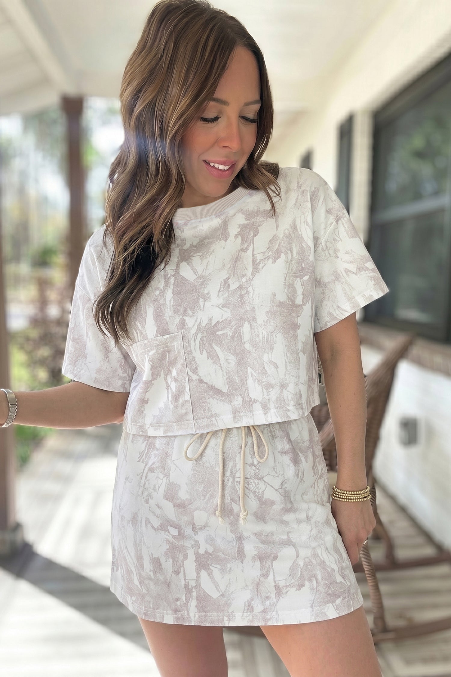 Gray Woodland Camo Print Raw Edge Cropped Top & Skirt Set