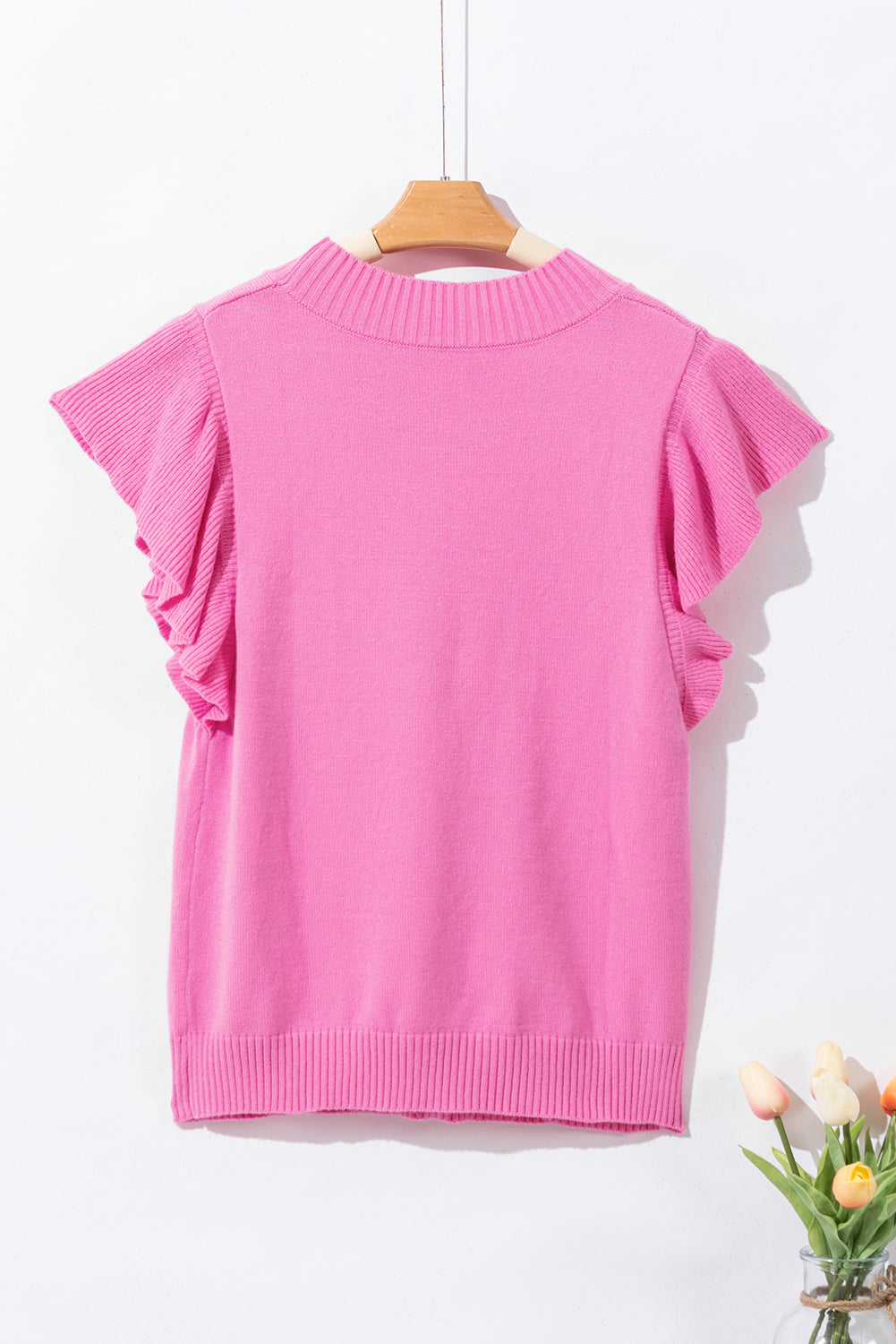 Bonbon Ribbed Mock Neck Ruffled Short Sleeve Sweater eAura