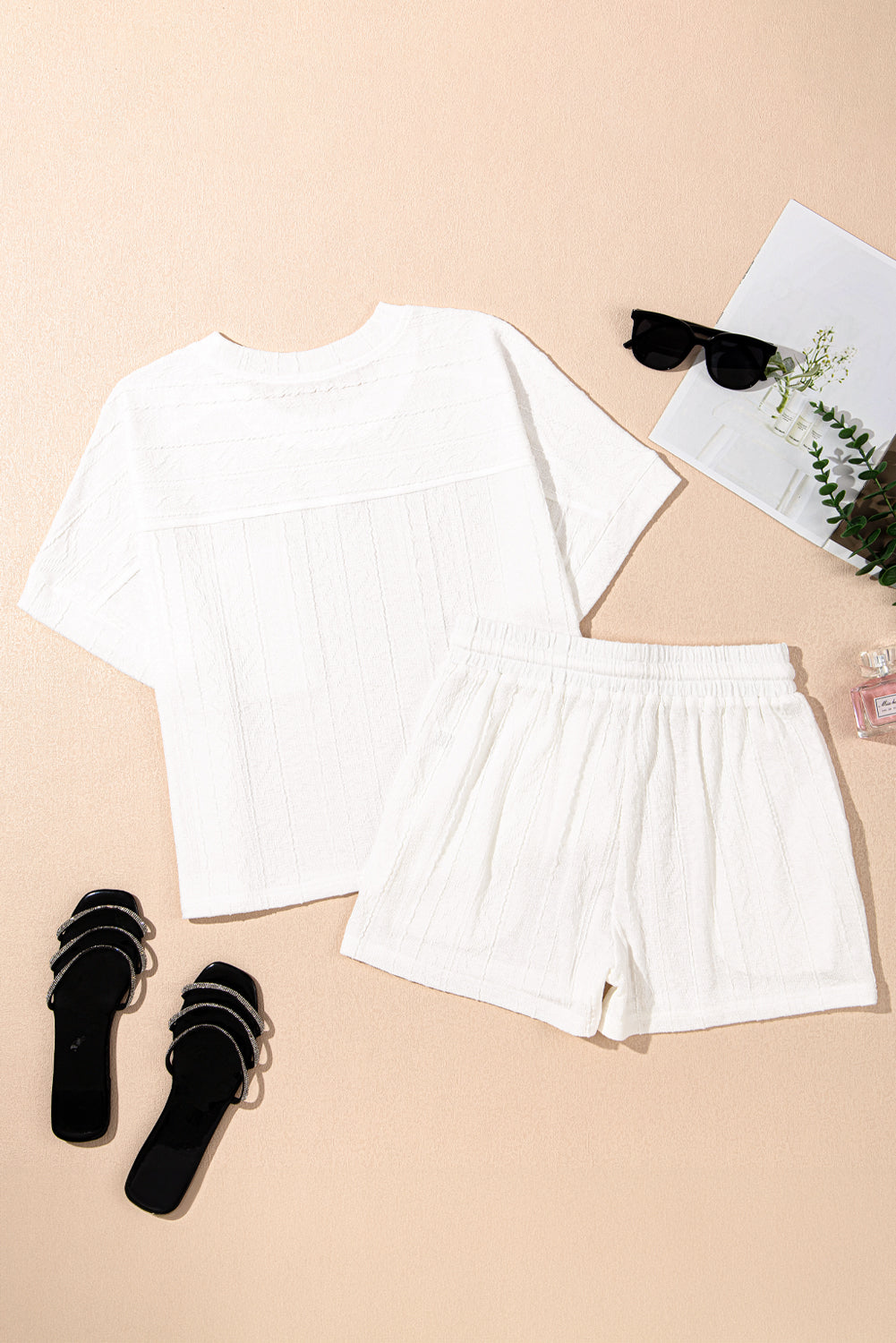 Jet Stream Textured Patched Pocket Short Sleeve Top Drawstring Shorts Set eAura