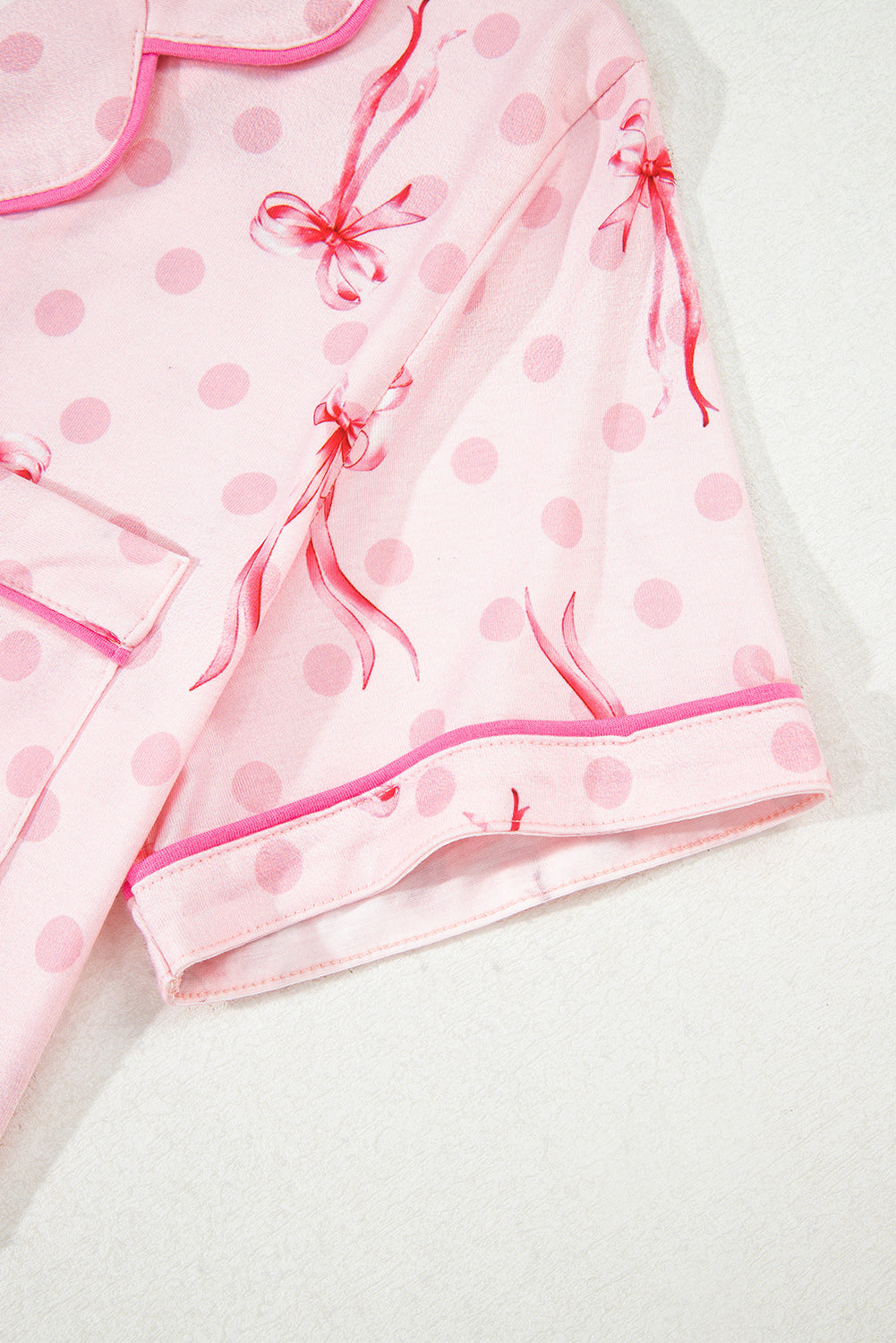 Pink Bow Print Contrast Pipping Short Pyjamas Set eAura