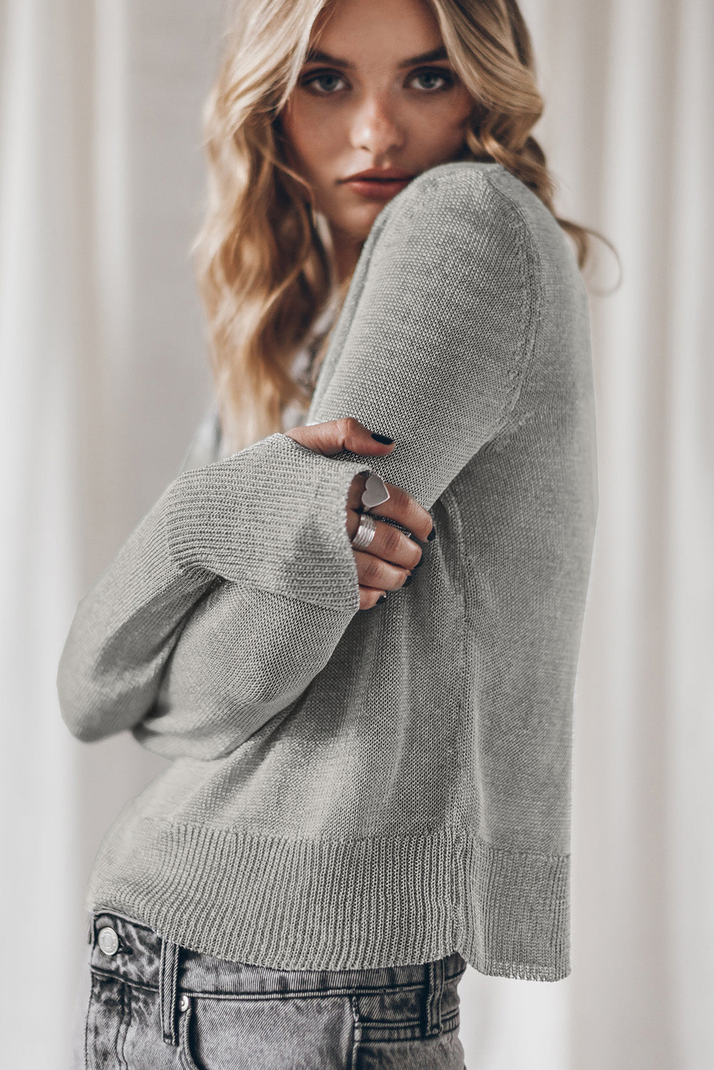 Grey Solid Colour Thumbhole Sleeve Ribbed Edge Sweater eAura