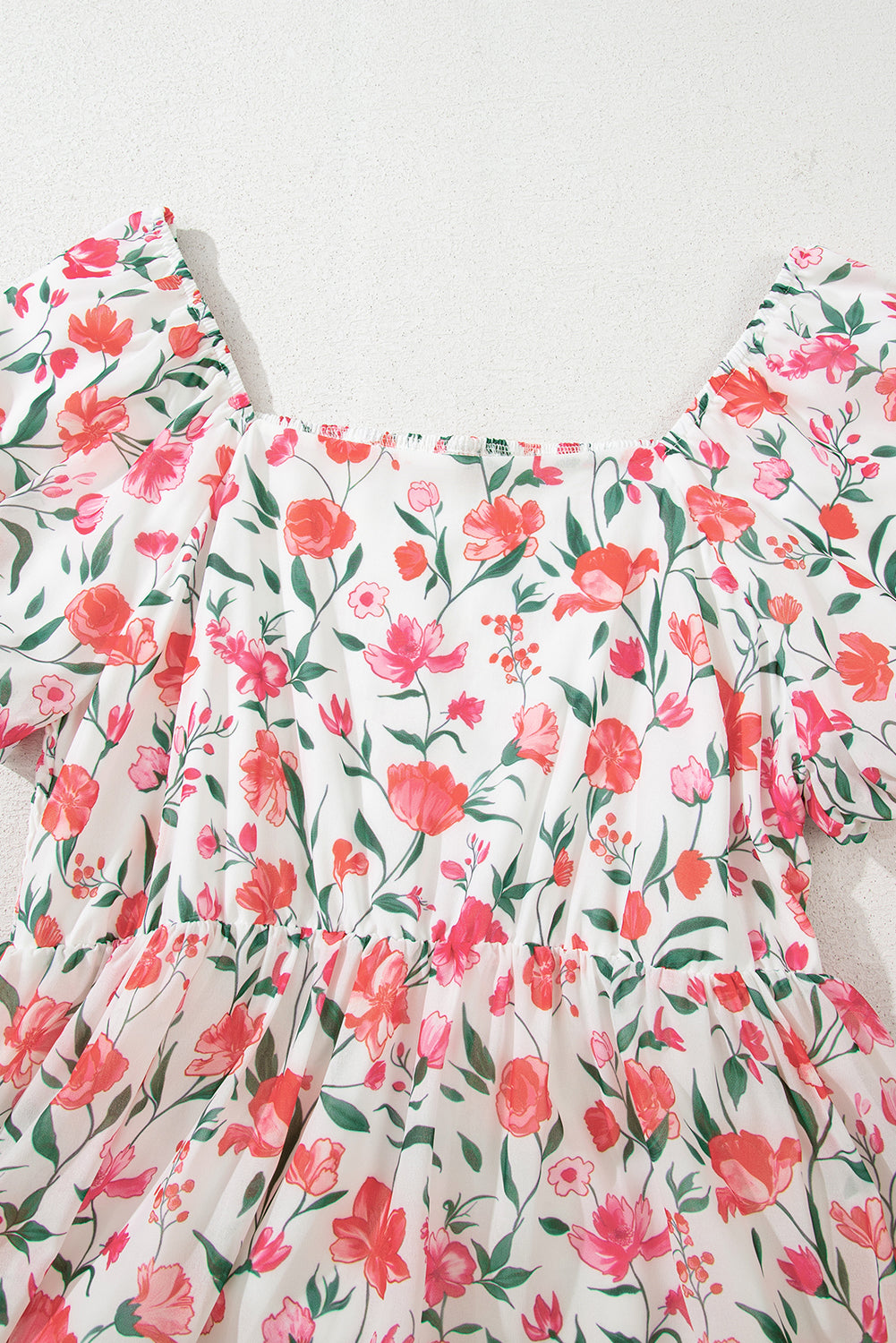 Pink Floral Puff Sleeve Square Neck Empire Waist Tiered Maxi Dress eAura